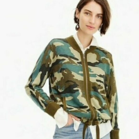 J. Crew | Jackets & Coats | Jcrew Camo Bomber Sweater Jacket Knit Wool ...
